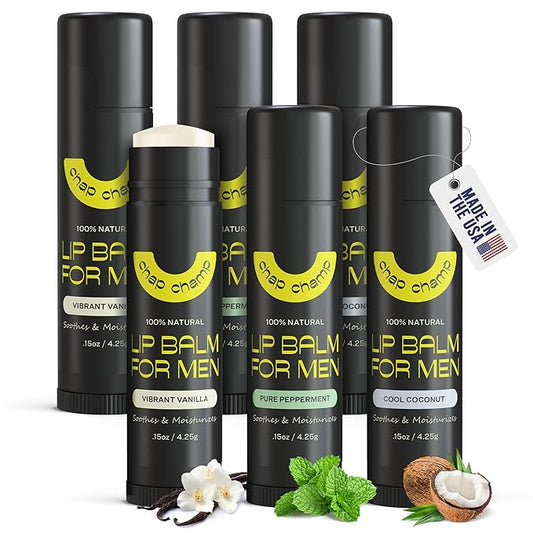 Lip Balm for Men - All Natural Mens Chapstick - Mens Lip Balm - Contains Vitamin E and Beeswax - Chapstick for Men - Peppermint, Coconut & Vanilla Lip Balm - 6 Pack Lip Balm Men