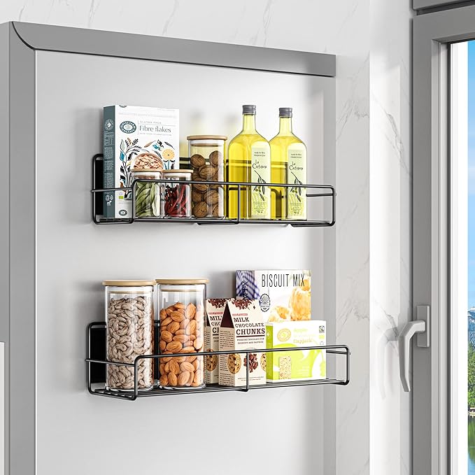 2 Pack Magnetic Spice Rack Organizer, Space Saver for Refrigerator and Microwave Oven, Magnetical Fridge Shelf for Jars, Seaoning, tins and Utensils Black