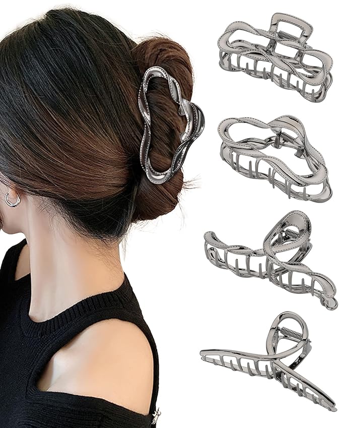 HAIMEIKANG 4 PCs Metal Hair Claw Clips for Women - Irregular Large Hair Clips for Thick Hair Thin Hair Non-Slip Hair Styling Accessories for Women Girls(Metalgray #3)
