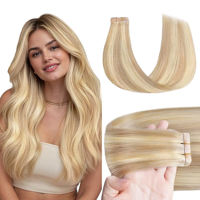 GOO GOO Tape in Hair Extensions Human Hair, 18F/60A Balayage Light Wheat Platinum Blonde, 14inch 50g 20pcs, Skin Weft Seamless Invisible, Silky Straight with Thick Ends, Remy Human Hair