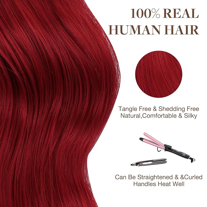 GOO GOO Tape in Hair Extensions Human Hair, Red, 20inch 30g 10pcs, Colored Tape ins Human Hair Extensions, Silky&Soft Invisible Tape Ins, Hair Highlighted for Party