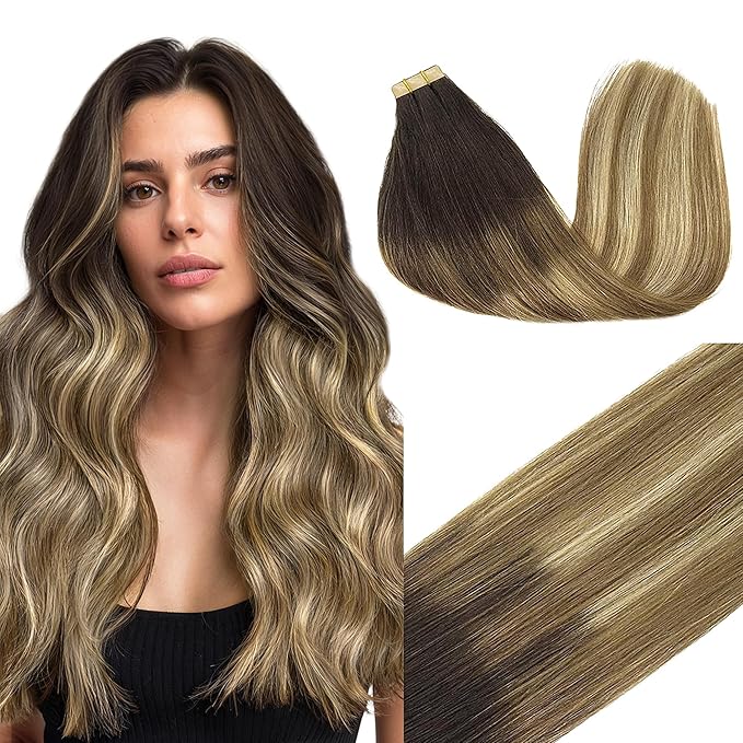 GOO GOO Tape in Hair Extensions Human Hair, 2/6/18 Balayage Brown to Dirty Blonde, 26inch 60g 20pcs, Skin Weft Seamless Invisible, Silky Straight with Thick Ends, Remy Human Hair