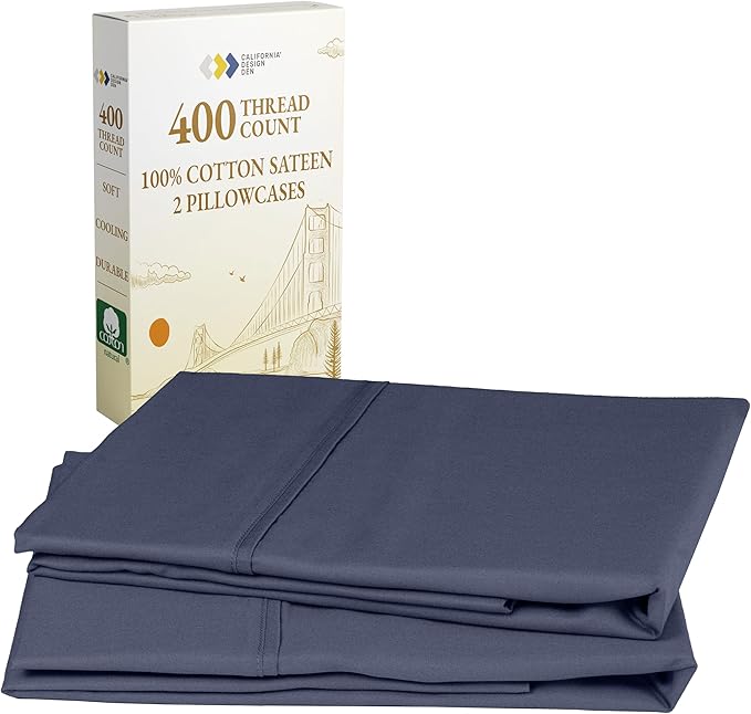 California Design Den King Size Pillowcase Set - 400 Thread Count, 100% Cotton Sateen, Set of 2 Pillow Covers, Soft and Breathable - Indigo Dusty Blue