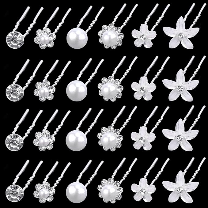 CUBACO 42 PCS Flower Wedding Hair Pins for Women Bridal Crystal Hair Jewelry Bobby Pins Rhinestone Pearl Hair Accessories Silver U Shaped Hair Pins Decorative for Brides Bridesmaids Girls