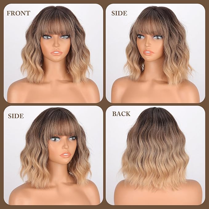 MISSQUEEN Ombre Blonde Wig with Bangs Short Wavy Brown Omber Blonde Wigs for Women Natural Looking Synthetic Heat Resistant Fiber Wig for Daily Party Cosplay Use