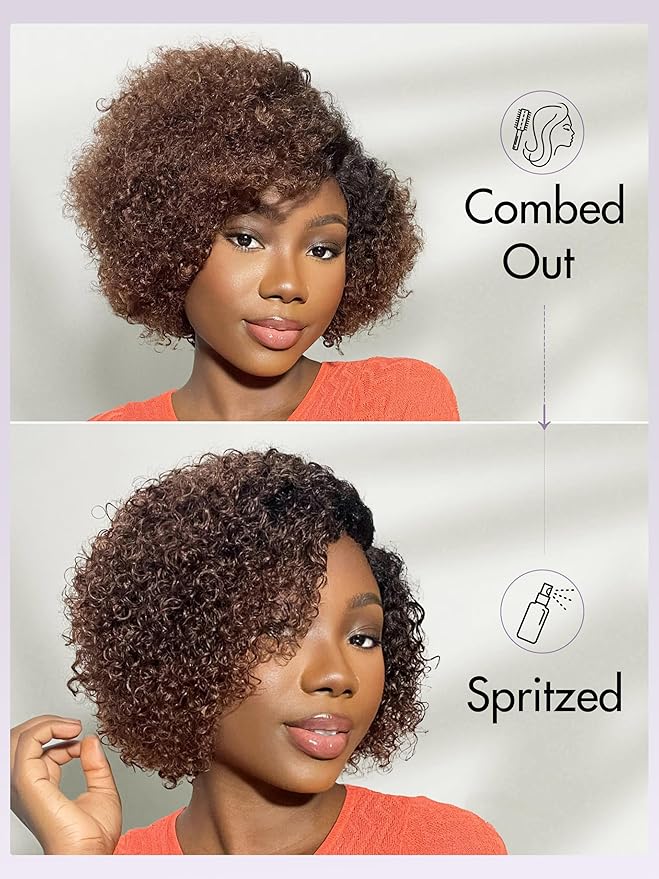 LUVME HAIR 8 Inch Kinky Curly Ombre Brown Bob Wig Human Hair Pre Cut Glueless HD Lace Closure Wig, Natural Black with Brown Side Parted Short Curly Wigs For Women