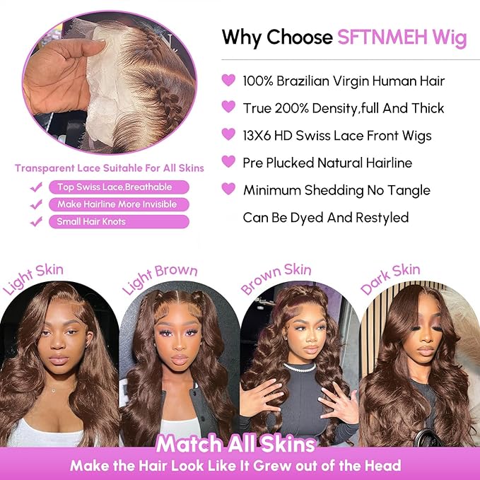 32 Inch Chocolate Brown Body Wave Lace Front Wigs Human Hair 200 Density 13x6 HD Lace Frontal Wigs Human Hair Brown Glueless Wig For Women Pre Plucked with Natural Hairline