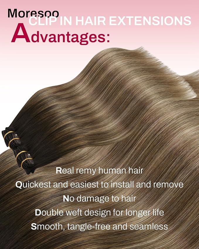 Moresoo Seamless Hair Extensions Clip in Human Hair Balayage Seamless Clip in Human Hair Extensions Dark Brown to Dark Ash Blonde with Dark Blonde 7pcs/120g 20inch