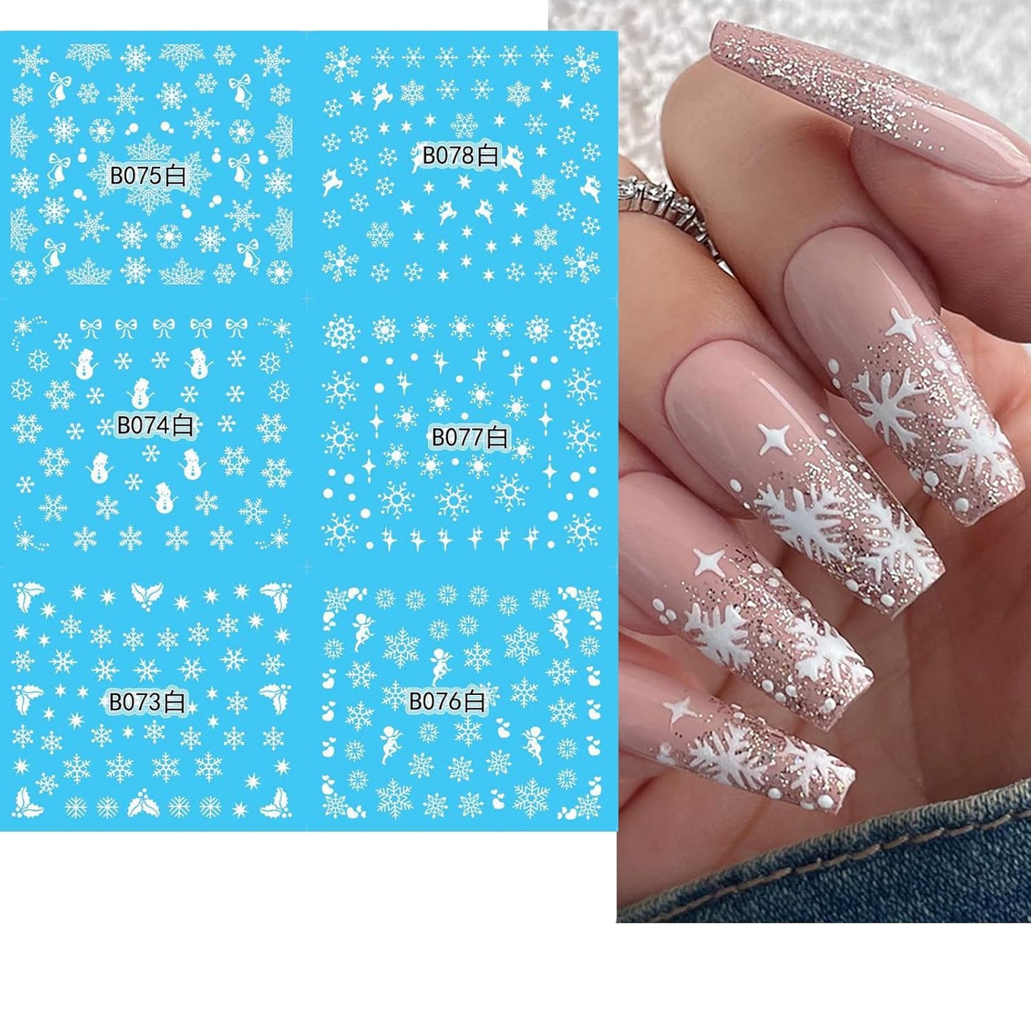 24 Sheets Christmas Nail Stickers Snowflake Nail Art Water Decals Transfer Nail Supplies Snowflake Angel Bell Elk Design Nail Tattoo Stickers for Women Girls Christams Nails Design Art Decoration