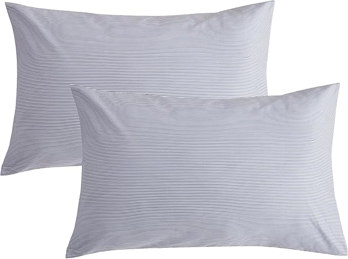JELLYMONI 100% Natural Cotton Striped Standard Pillowcases Set, 2 Pack Thin White and Blue Stripes Pattern Printed Pillow Covers with Envelope Closure(Pillows are not Included)