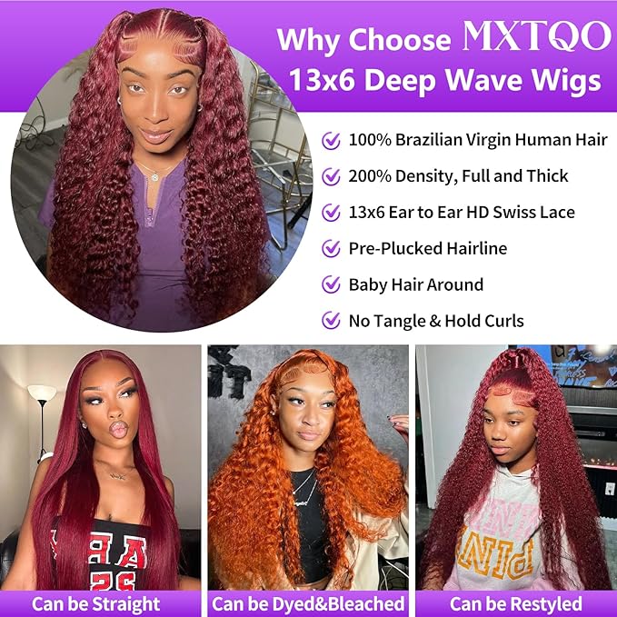 24 Inch 99J Burgundy Lace Front Wigs Human Hair Deep Wave 13x6 HD Lace Front Wigs Pre Plucked with Baby Hair Wet and Wavy Human Hair Wig 200% Density Deep Curly Frontal Wigs for Black Women