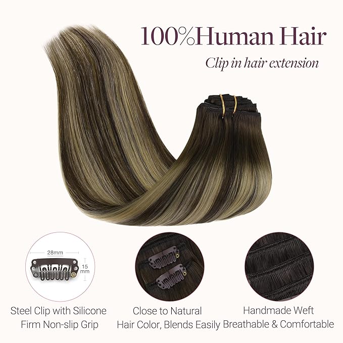 GOO GOO Clip in Hair Extensions Real Human Hair, Remy Human Hair Extensions Clip ins for Women, Natural Human Hair, 24inch 120g 7Pcs, 4/26/4 Balayage Chocolate Brown to Honey Blonde