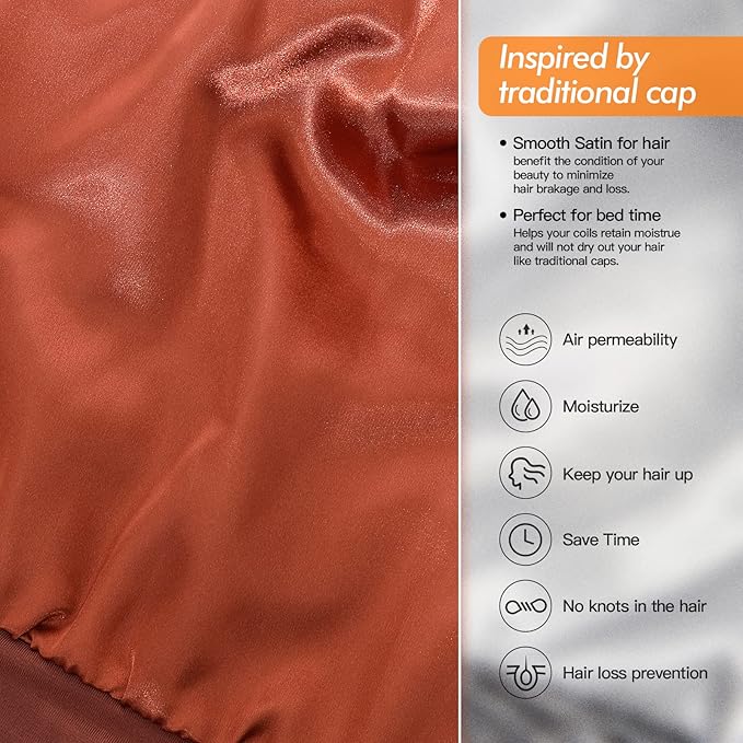 Silk Satin Lined Bonnet Sleep Cap - Adjustable Stay on All Night Hair Wrap Cover Slouchy Beanie for Curly Hair Protection for Women and Men - Solid Caramel