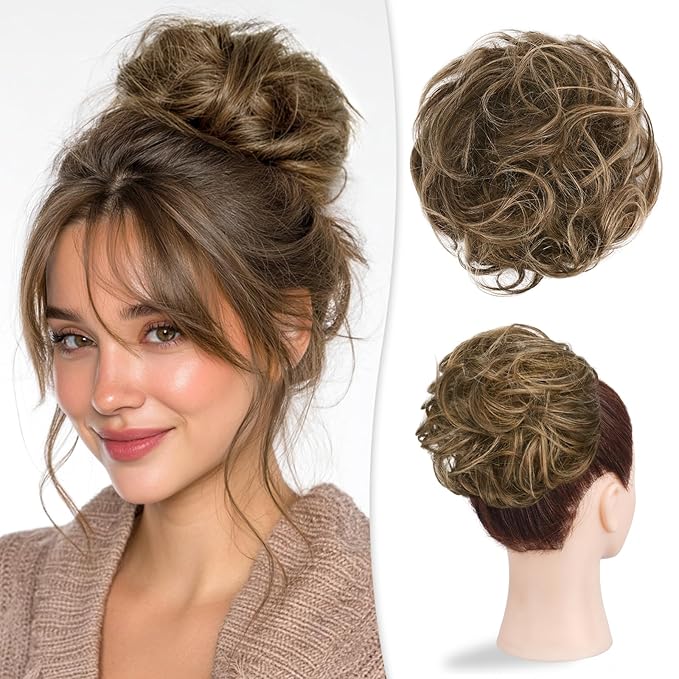 RUWISS Large Messy Bun Hair Piece 100% Human Hair Layered Wavy Curly Hair Buns Hair Piece for Women Updo Hairpiece for Daily Wear Real Hair Ponytail Extension (Chocolate Brown Highlighted Dark brown)