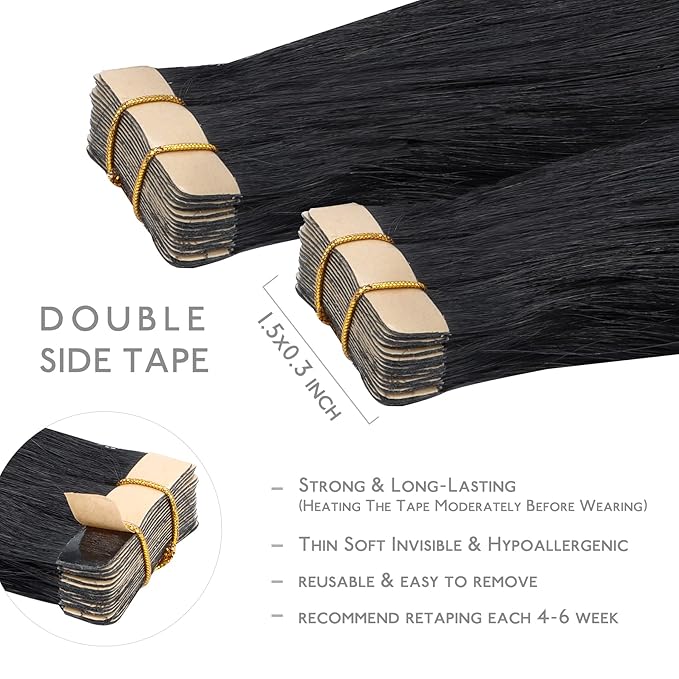 WENNALIFE Tape in Hair Extensions Human Hair, 20pcs 50g 20 inch Jet Black Remy Hair Extensions Straight Human Hair Tape in Extensions Skin Weft Tape Extensions Human Hair