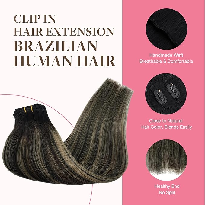 GOO GOO Clip in Hair Extensions Real Human Hair, Remy Human Hair Extensions Clip ins for Women, Natural Human Hair, 18inch 150g 9Pcs, 1B/16/1B Balayage Natural Black to Light Blonde