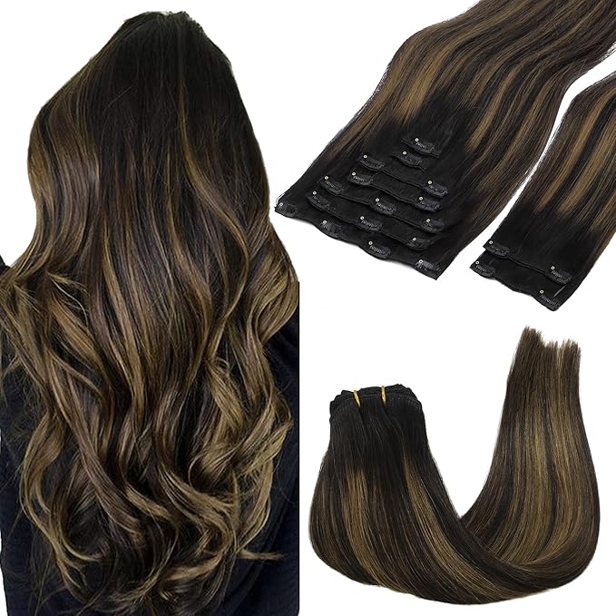 GOO GOO Clip in Hair Extensions Real Human Hair, Remy Human Hair Extensions Clip ins for Women, Natural Human Hair, 16inch 150g 9Pcs, 1B/6/1B Balayage Natural Black to Chestnut Brown