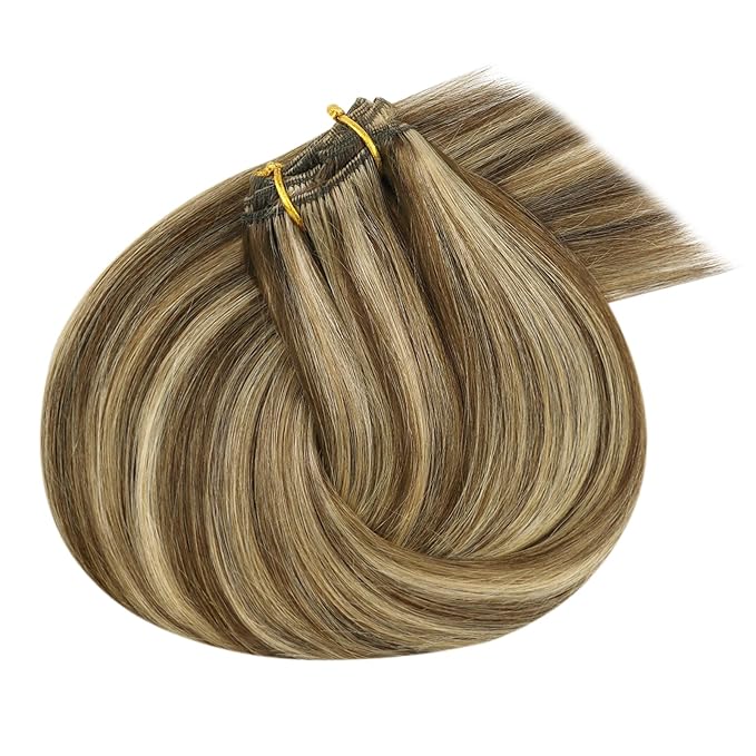 Ve Sunny Clip in Hair Extensions Real Human Hair Highlights Clip on Hair Extensions Dark Brown with Caramel Blonde Highlights Hair Extensions Clip ins for Short Hair Lightweight 5pcs 80g 12inch