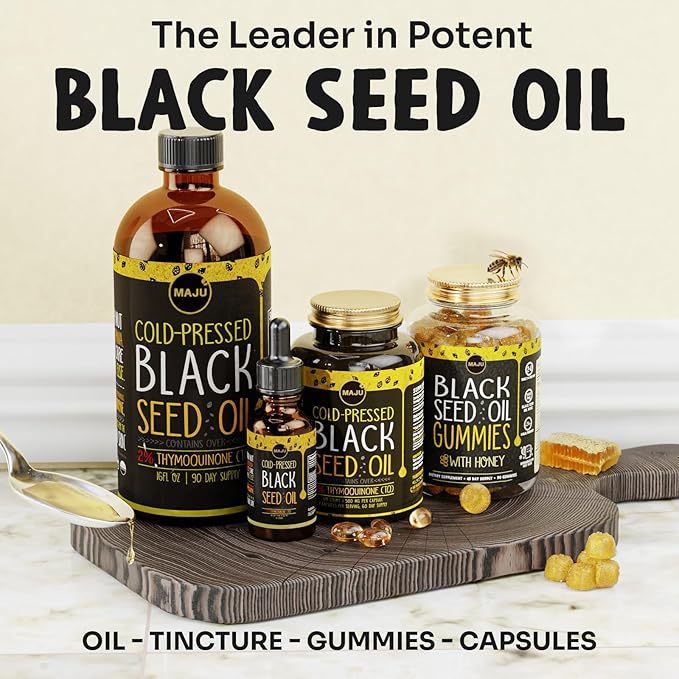 MAJU Black Seed Oil - 3 Times Thymoquinone, Cold-Pressed, 100% Turkish Black Cumin Seed Oil, Liquid Pure Blackseed, Glass Bottle, 8 oz