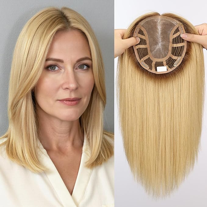 Large MONO Top Hair Toppers for Women Remy Human Hair 14 Inch 6"x7" Big Base Partial wig Cover Thinning Hair or Loss No Bangs Natural Wiglets (Blonde Mixed Brown)