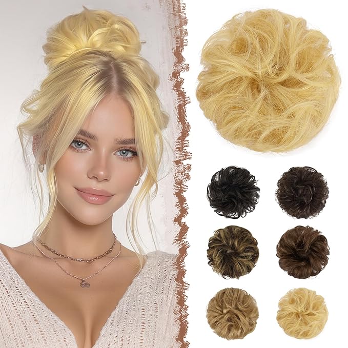 FESHFEN Human Messy Buns - 100% Human Hair Bun Real Scrunchies Hair Pieces Ponytail Extensions Wavy Tousled Updo Chignon Hairpieces for Women，Mixed Blonde