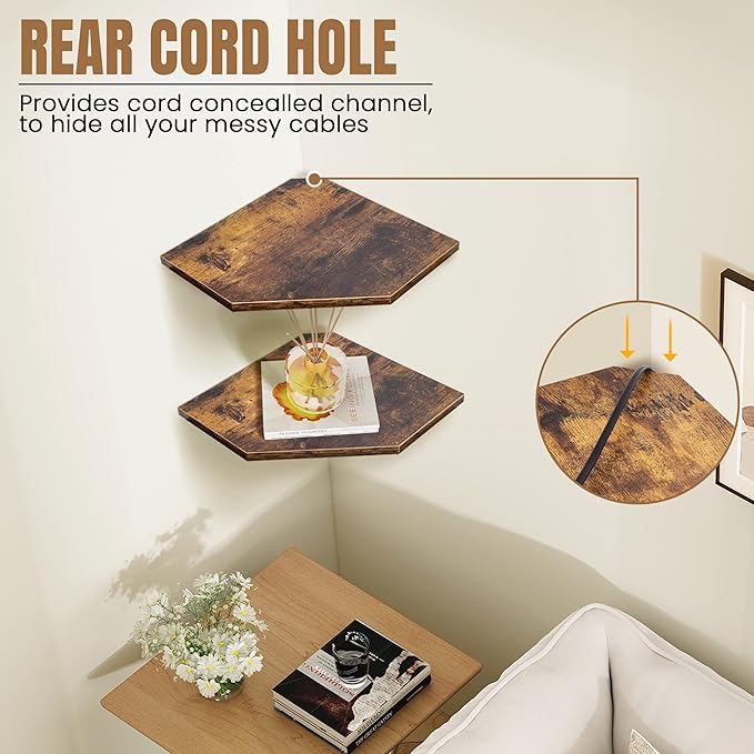 Corner Shelf Wall Mount, Floating Corner Shelves, Set of 2 Corner Wall Shelf Organizer, Rustic Wood Wall Storage Display Shelves for Living Room Bedroom Bathroom Kitchen, Rustic Brown