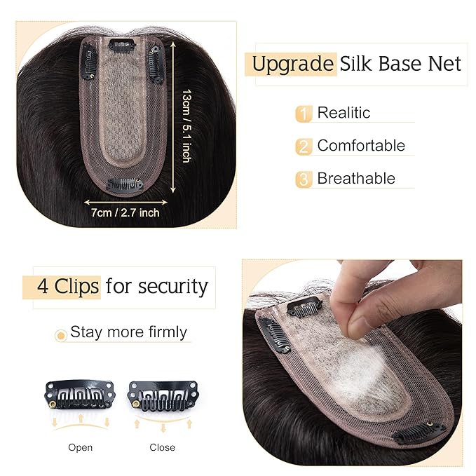 SEGO Human Hair Toppers for Women With Thinning Hair, 7 * 13CM Silk Base 100% Real Human Hair Clip in Top Wiglet Hairpieces /8 Inch No Bangs Natural Black