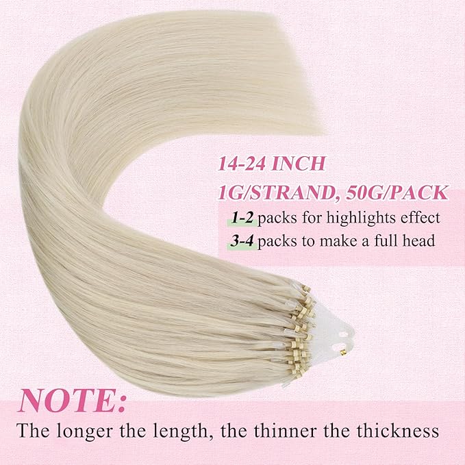 YoungSee Micro Bead Hair Extensions Blonde 14In Microlink Hair Extensions Human Hair Platinum Blonde 50g 50s Micro Ring Hair Extension Blond Beaded Hair Extension Silky Straight for Short Hair