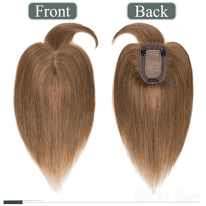 SEGO Hair Toppers for Women Real Human Hair for Thinning Hair, Clip In Topper with Front Bangs, Straight, 150% Density, Silk Base, 8 Inches,#6 Light Brown