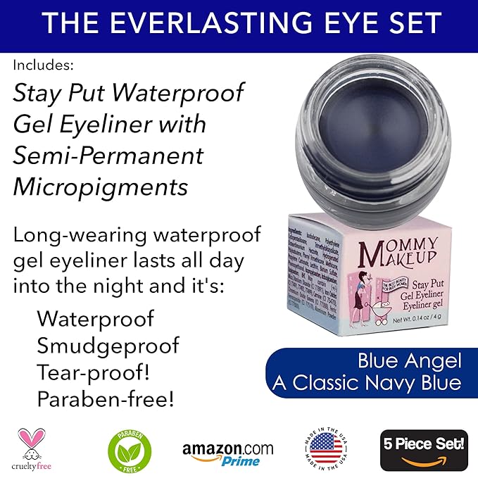 The Everlasting Eye 5 Piece Waterproof Makeup Set. Gel Eyeliner, Creme Eyeshadow, 2 brushes and Mesh Bag. Paraben-free, Talc-free, Cruelty-free. Elsa/Blue Angel 1112