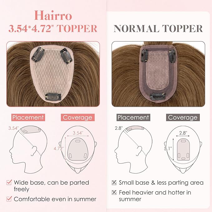 Hairro Human Hair Toppers with Wispy Bangs, 3.5x4.7" Hand-wovened Base for Women with Thinning Hair, Lightweight & Breathable Realistic Scalp, Clip-in Hairpieces for Easy Wear, 12 Inch Medium Brown