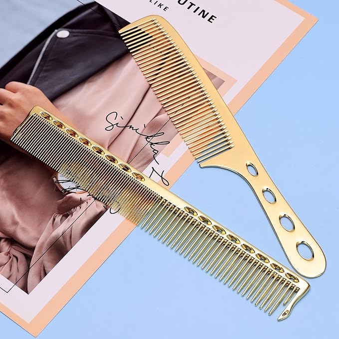 Hair Styling Comb,2PCS Metal Combs For Hair Women,Space Aluminum Stainless Steel Anti-static Sparse Haircut Comb Beauty Tool(Golden)