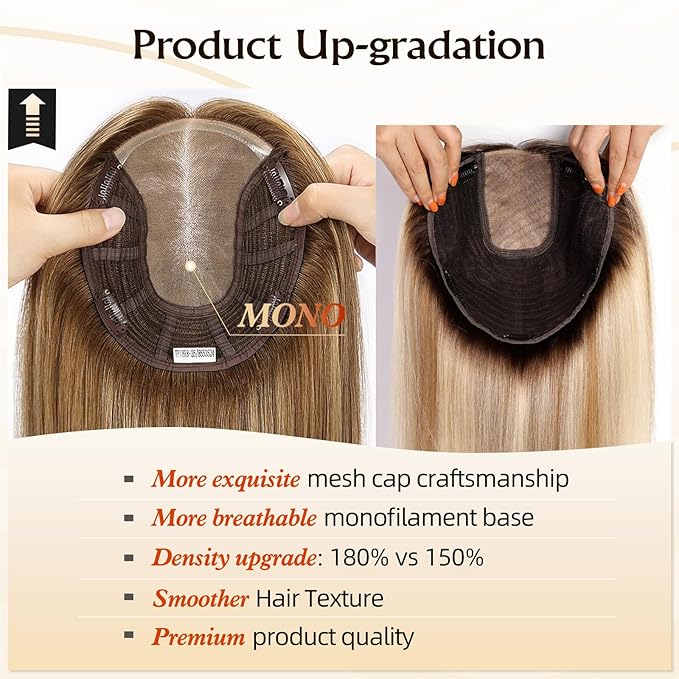 Large MONO Top Hair Toppers for Women Remy Human Hair 14 Inch 6"x7" Big Base Partial wig Cover Thinning Hair or Loss No Bangs Natural Wiglets (Blonde Mixed Brown)
