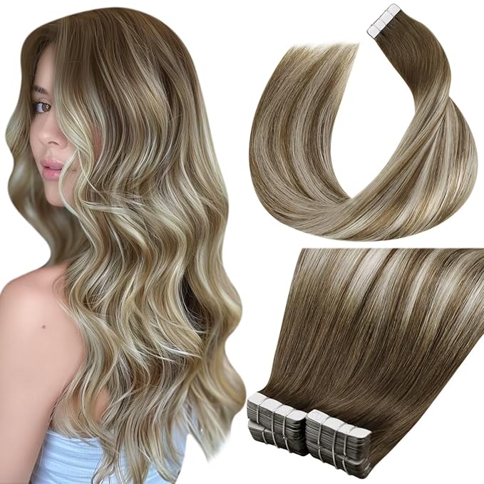 LaaVoo Tape in Hair Extensions Real Human Hair Tape on Hair Extension Ombre Ash Brown to Blonde Mix with Platinum Blonde Hair Extensions Tapes in Balayage 24 Inch 40pcs 100g
