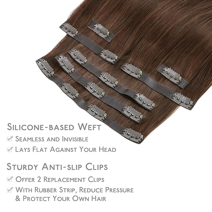 WENNALIFE Seamless Clip In Hair Extensions, 16 Inch 130g 7pcs Chocolate Brown Hair Extensions Clip in Human Hair Invisible PU Skin Weft Natural Remy Human Hair Extensions