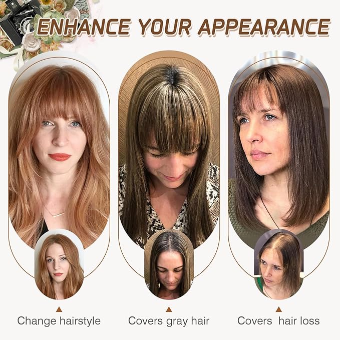 Rich Choices Real Human Hair Topper With Bang for Women - 100% Remy Hair for Thinning Hair, Clip in Silk Base, 10 Inch #613 Bleach Blonde