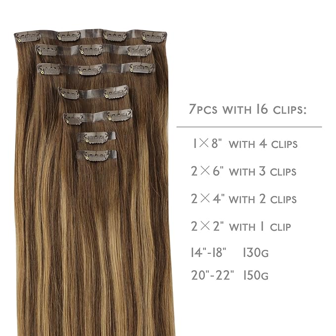 WENNALIFE Seamless Clip In Hair Extensions, 20 Inch 150g 7pcs Balayage Chocolate Brown to Caramel Blonde Hair Extensions Clip In Human Hair Invisible PU Skin Weft Natural Remy Human Hair Extensions