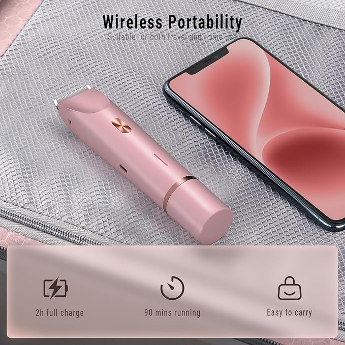 2-in-1 Bikini Trimmer for Women, Bikini Shaver with Dual Heads, Painless Body and Facial Hair Removal, Rechargeable Cordless Electric Razors for Face Chin Pubic Underarm Legs, IPX7 Waterproof, Pink