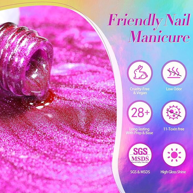 Born Pretty Cat Magnetic Eye Gel Nail Polish Spring Summer Neon Shimmer Glitter Holographic Cat Magnetic Eye Gel Crystal Glass Cat Magnetic Gel Polish Nail Art Manicure DIY at Home 6PCS