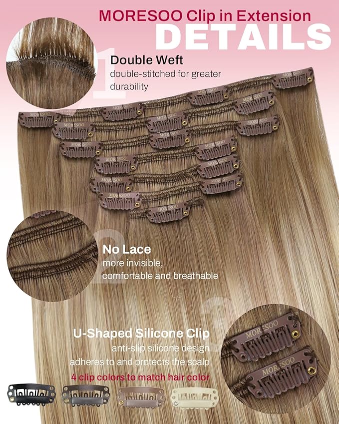 Moresoo Clip in Hair Extensions Real Human Hair Light Brown to Golden Blonde Balayage Human Hair Clip in Extensions 24 inch Remy for Women Long 120g 7pieces Double Weft for Wedding