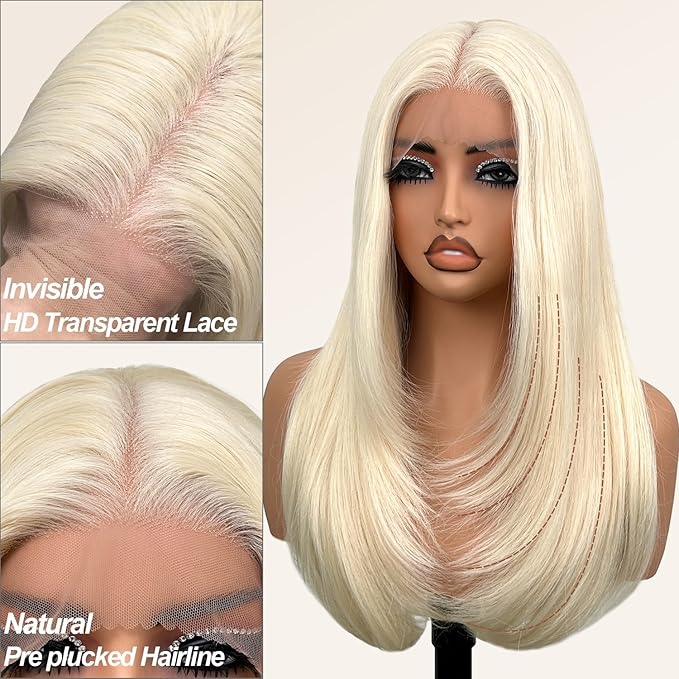 Glueless Synthetic Lace Front Wig 26 Inches Long Straight Blonde Wigs for Black Women 13x5x1 HD Lace Hand Tied Pre Plucked Hairline (#613 Blonde, 26 Inch)