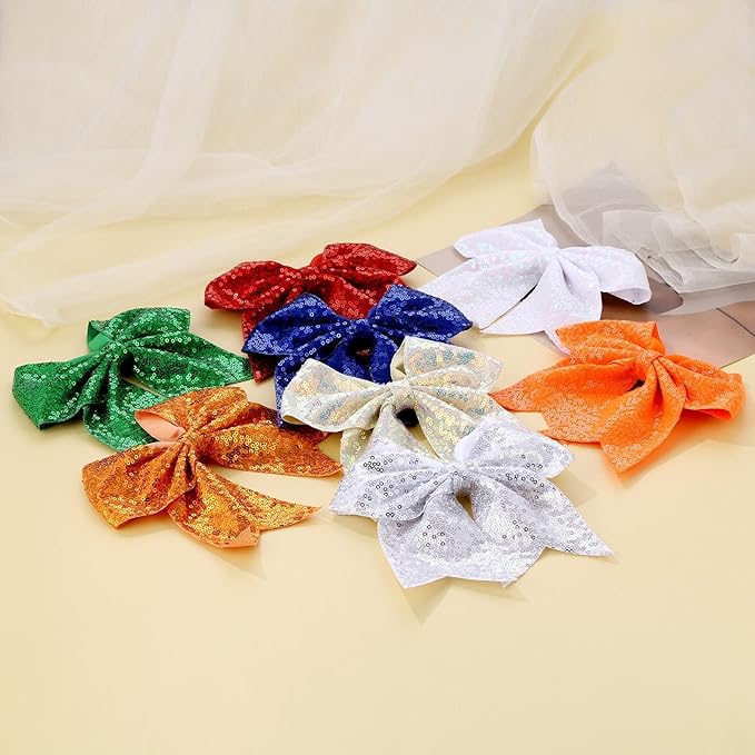 Large Glitter Cheer Bows Clips, Jumbo Big 7 Inch Cheerleading Sequin Hair Bow Hair Accessories for Teens Girls Football Sports Cheerleader Outfit Uniform (Sliver)