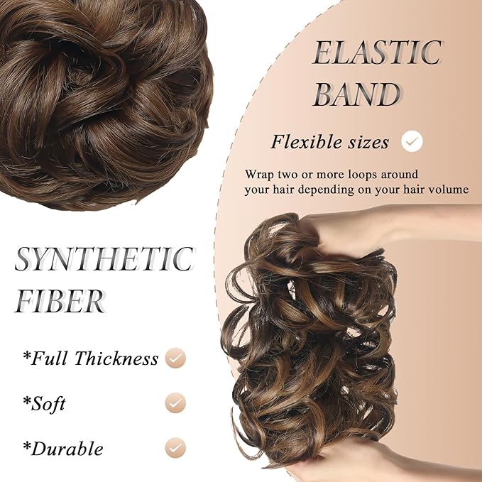 Large Messy Bun Hair Piece Curly Synthetic Extensions Scrunchies Fake Chignon Updo Hairpieces for Women Dark Brown Highlights