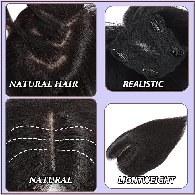 Hair Toppers for Women Real Human Hair, 360°3D Topper for Women with Thinning Crown Wispy Clip in Bangs Breathable Hand Tied Craft Big Coverage Hairpieces(Mocha（Big Coverage）, 12 Inch-3D-Side)