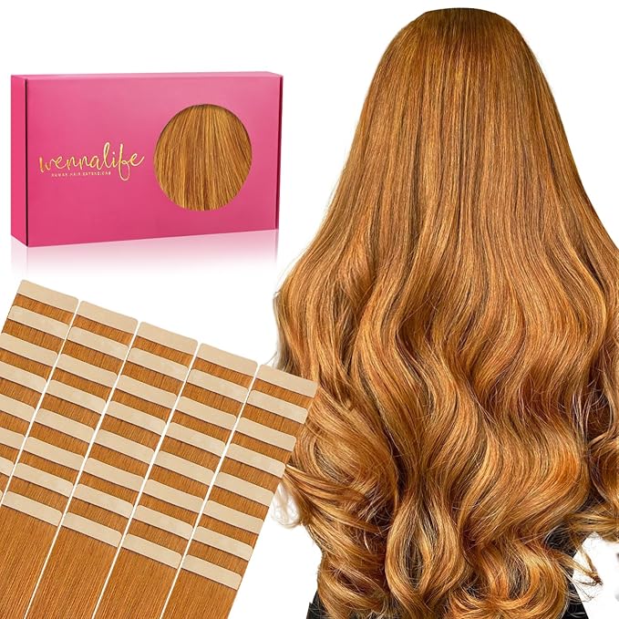 WENNALIFE Tape in Hair Extensions Human Hair, 40pcs 100g 20 inch Auburn Ginger Real Human Hair Straight Tape in Extensions Invisible Human Hair Extensions Reusable Real Hair Extensions