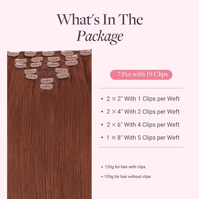 GOO GOO Clip in Hair Extensions Real Human Hair, Remy Human Hair Extensions Clip ins for Women, Natural Human Hair, 18inch 120g 7 Pcs, #33B Dark Auburn Copper