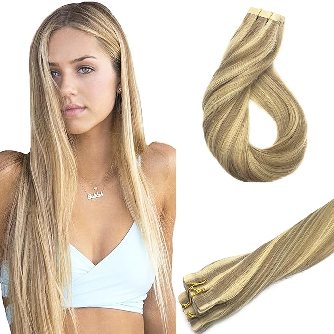 GOO GOO Tape in Hair Extensions Human Hair, 16/22 Light Blonde Highlighted Golden Blonde, 16inch 50g 20pcs, Skin Weft Seamless Invisible, Silky Straight with Thick Ends, Remy Human Hair