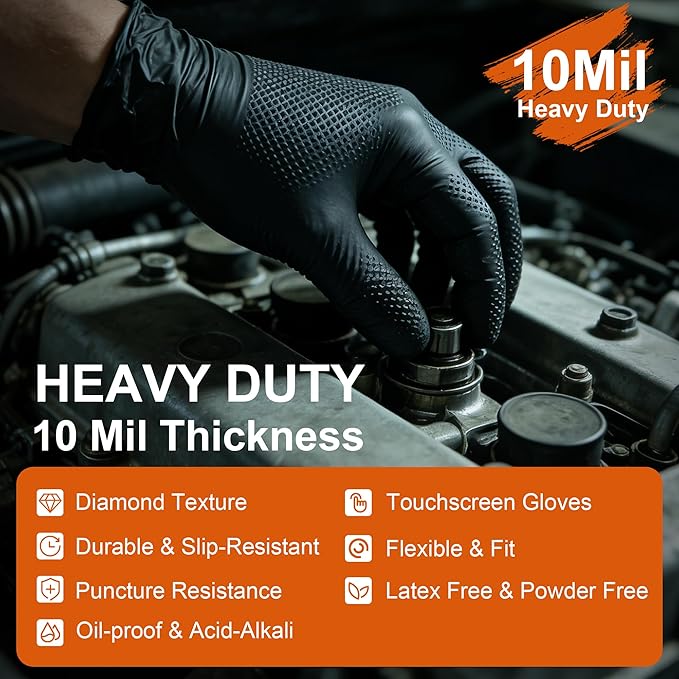 HEAVY DUTY 10 Mil Nitrile Gloves Disposable Rubber Cooking Gloves Industrial Raised Diamond Texture,Latex Free 1000PCs