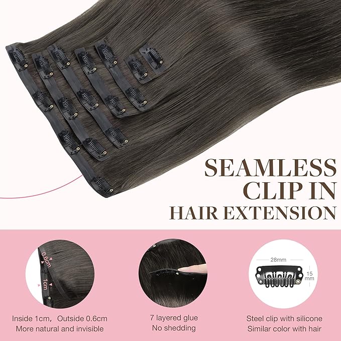 GOO GOO Clip in Hair Extensions Real Human Hair, Remy Human Hair Extensions Clip ins for Women, Natural Human Hair, 22inch 110g 7Pcs, 1C Mocha Brown
