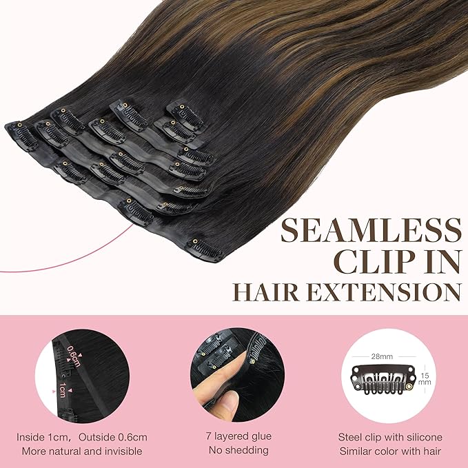 GOO GOO Clip in Hair Extensions Real Human Hair, Remy Human Hair Extensions Clip ins for Women, Natural Human Hair, 20inch 110g 7Pcs, 1B/6/1B Balayage Natural Black to Chestnut Brown